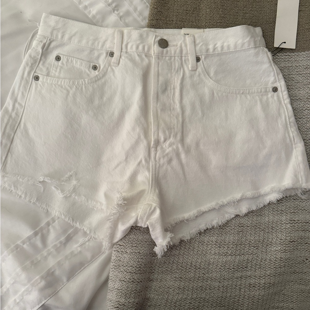 Denim Forum White High-Rise Distressed Jean Shorts